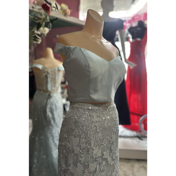 Ellie Wilde by Mon Cheri 2 pc Prom Dress Set Cropped Blue Lace Shimmer M - Picture 5 of 12